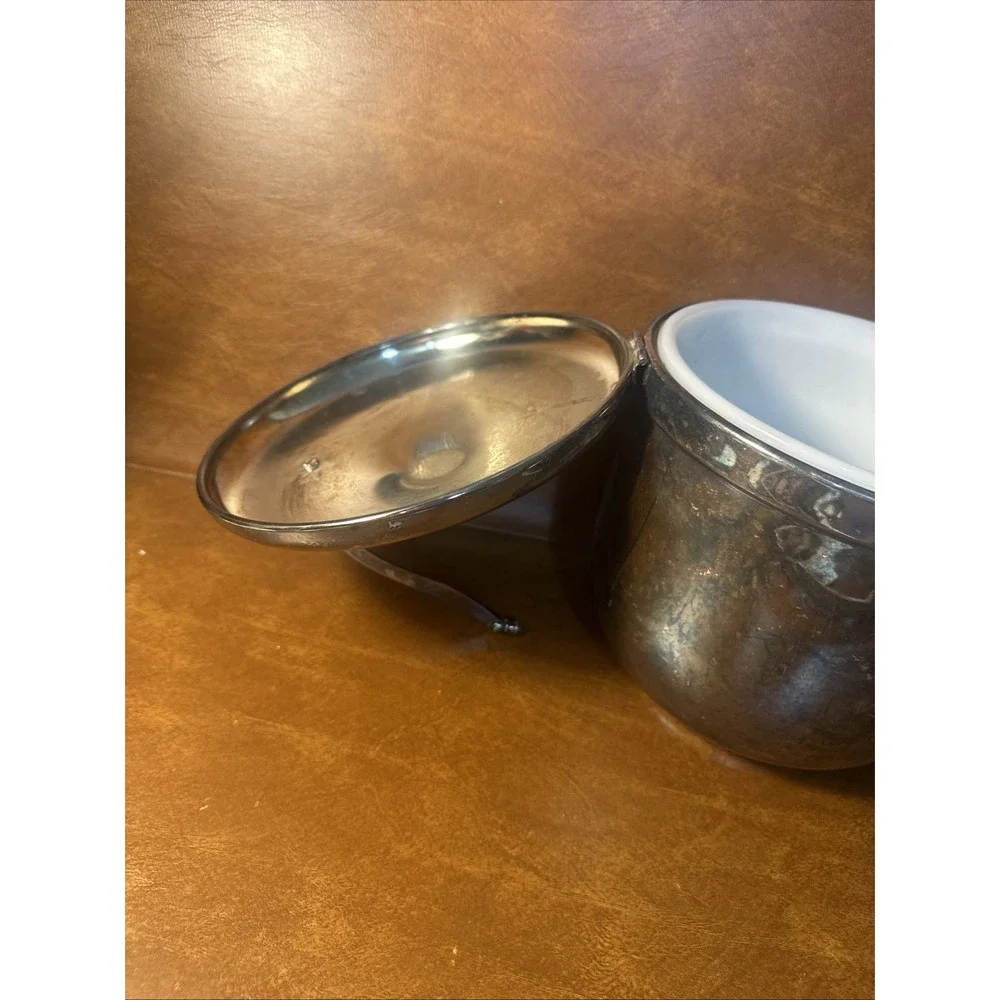 Vintage Silver Plated Mechanical Ice Bucket W Milk Glass, Swing Lid, Patina b